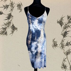 Final Touch Women’s Blue/Tan Tie Dye Lined Midi Slip Dress V Neck Boho Size S